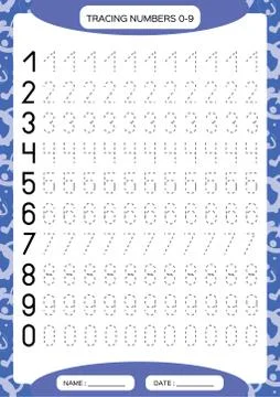 Numbers 0-9. Tracing Worksheet for kids. Preschool worksheet, practicing motor Stock Illustration