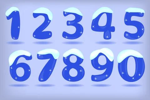 Numbers from 0 to 9 under snow isolated in  blue background. Stockillustratie