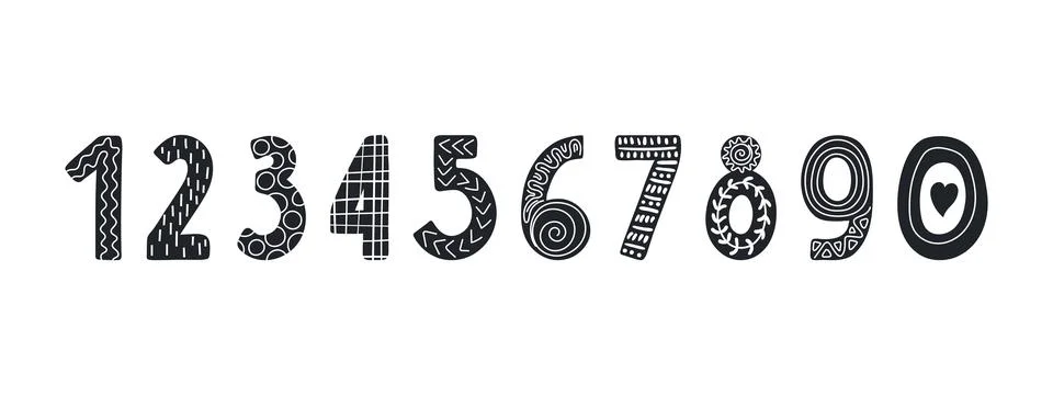 Numbers from 1 to 0 with cute patterns illustration isolated set. Stockillustratie