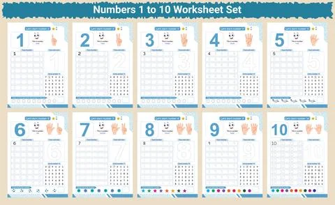 Numbers 1 to 10 worksheet set for kids tracing and counting practice Иллюстрация