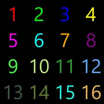 Numbers 1 to 16 in random colors colors in the matrix of 4x4 cells Stock Illustration