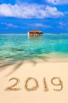 Numbers 2019 on beach 스톡 사진