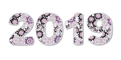 Numbers 2019 patterned with black-pink flowers Illustrazione stock