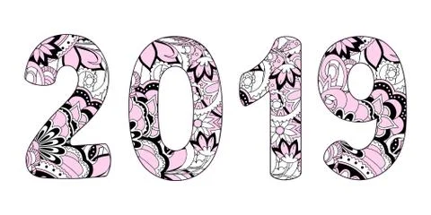 Numbers 2019 patterned with black-pink shapes Illustrazione stock