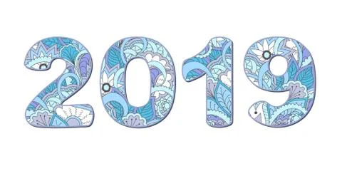 Numbers 2019 patterned with light blue shapes Illustrazione stock