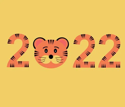 Numbers 2022 and the muzzle of a tiger on orange yellow background. Chinese New Stock Illustration