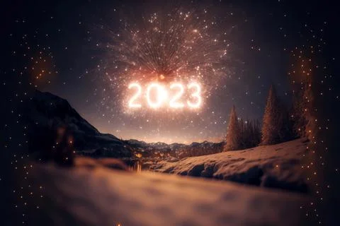 The numbers 2023 with firework and winter landscape 스톡 일러스트