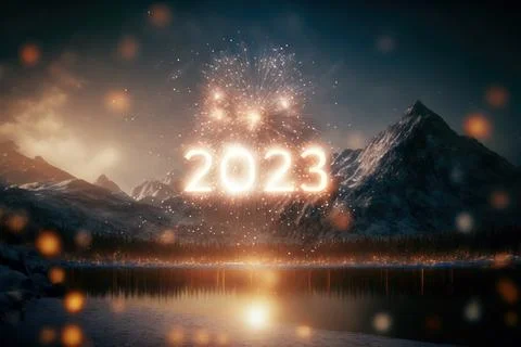 The numbers 2023 with firework and winter landscape 스톡 일러스트