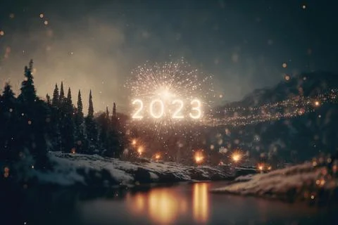 The numbers 2023 with firework and winter landscape 스톡 일러스트
