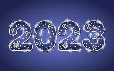 Numbers 2023 made of silver wire with gears, sparkles, little stars Illustrazione stock
