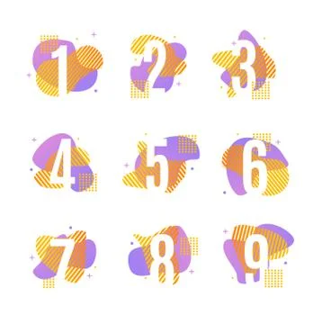 Numbers with Abstract Memphis Style Element Set. Vector Stock Illustration