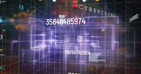 Numbers and grid cube pulsing in tech tunnel, camera entering showing ACCESS Stock Footage 331126197