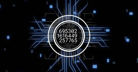Numbers and lines with glowing circuits, data processing image Stockillustratie