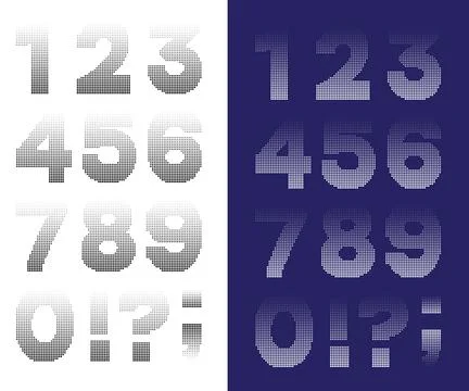 Numbers and punctuation mark with circular halftone dot pattern texture. Wh.. Illustrazione stock