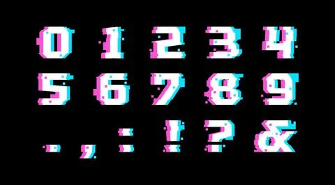 Numbers and punctuation marks glitch digital vhs noise effect font, typographic 库存插图