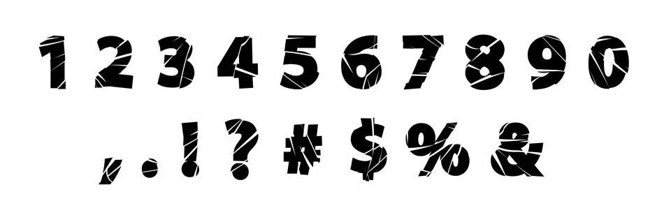 Numbers and punctuation marks rough destroy font, broken glass effect, black Stock Illustration