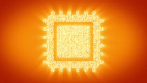 Numbers and symbols form a processor icon on gold background. Stock Footage 85611738