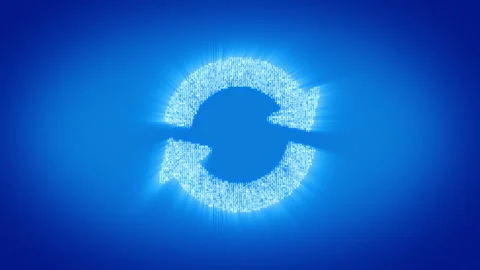 Numbers and symbols form a refresh (restart) icon on blue background. 스톡 동영상 85638016