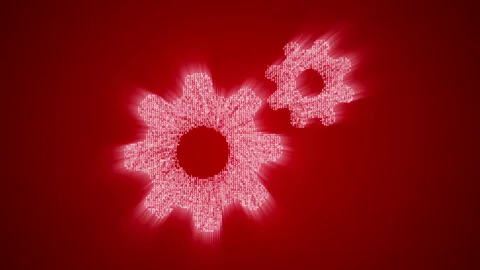 Numbers and symbols form two gears icons on red background. Stock Footage 85639573