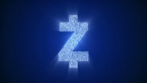 Numbers and symbols forming crypto currency logo "ZCASH" on dark blue back. Video stock 85464458