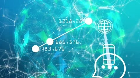 Numbers appearing, teal sphere network animating, linking nodes and routing data 스톡 동영상 331005367