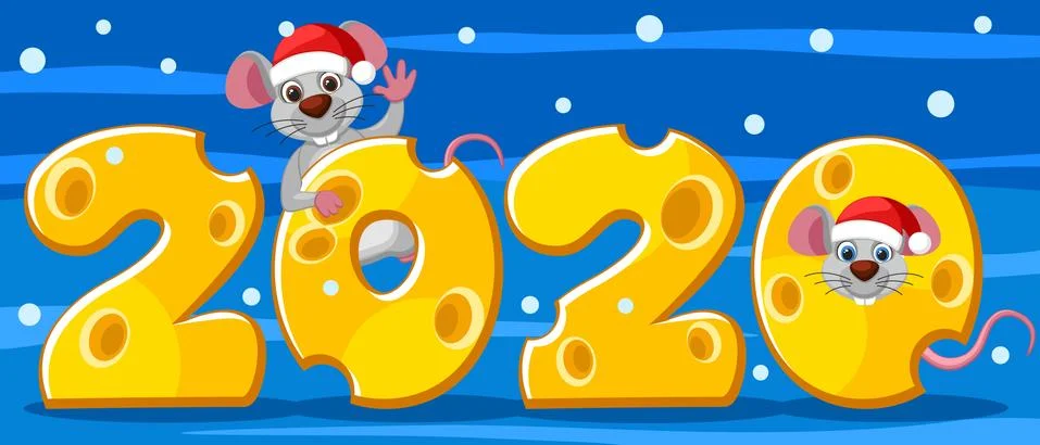 Numbers of cheese with a mouse on a winter background. New year 2020. Stock Illustration