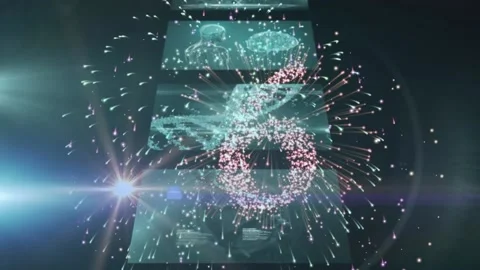 Numbers countdown and fireworks exploding against multiple screens with medical Stock Footage 172329547