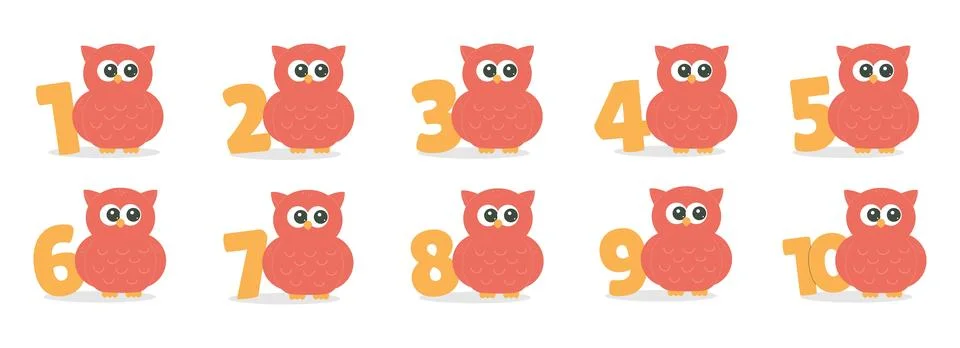 Numbers with cute owl character vector set. Beautiful elements for Kids Bir.. Illustrazione stock