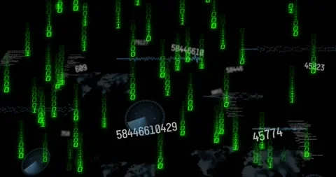 Numbers drifting binary cascading waveform flickering radar pulsing map emerging Stock Footage 317369503