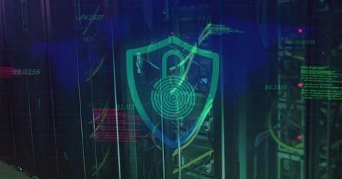 Numbers floating over security padlock and shield icon against close up of a 스톡 일러스트
