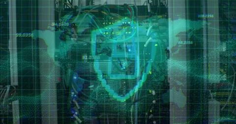 Numbers floating over security padlock and shield icon against close up of a Illustrazione stock