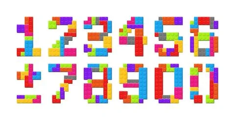 Numbers font alphabet made with colored plastik constructor parts isolated on Stock Illustration