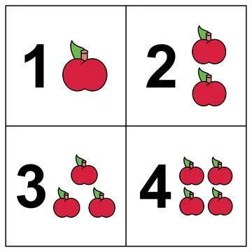 Numbers game for children. Count how many apples and write the result. Illustrazione stock