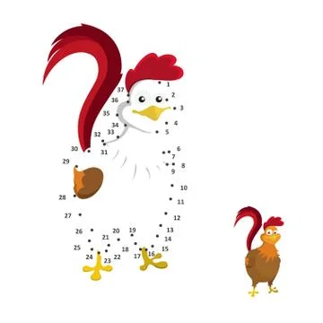 Numbers game for children. Dot to dot education game. Cock in cartoon style Stock Illustration