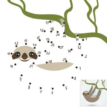 Numbers game. dot game Three-toed sloth on green branch on white background Stock Illustration