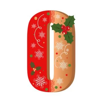 Numbers Gingerbread cookies vector - number 0 with flowers, leaves christmas Stock Illustration