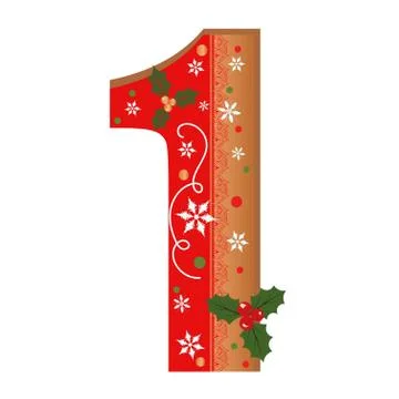 Numbers Gingerbread cookies vector - number 1 with flowers, leaves christmas Stock Illustration