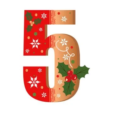 Numbers Gingerbread cookies vector - number 5 with flowers, leaves christmas Stock Illustration