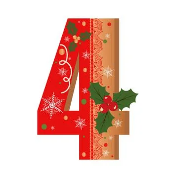 Numbers Gingerbread cookies vector - number 4 with flowers, leaves christmas Stock Illustration