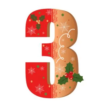 Numbers Gingerbread cookies vector - number 3 with flowers, leaves christmas Stock Illustration