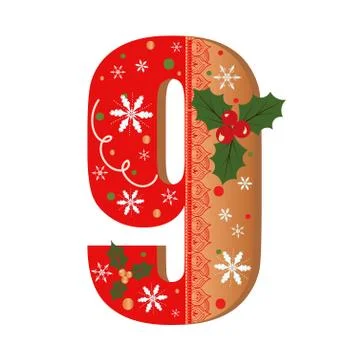 Numbers Gingerbread cookies vector - number 9 with flowers, leaves christmas Stock Illustration