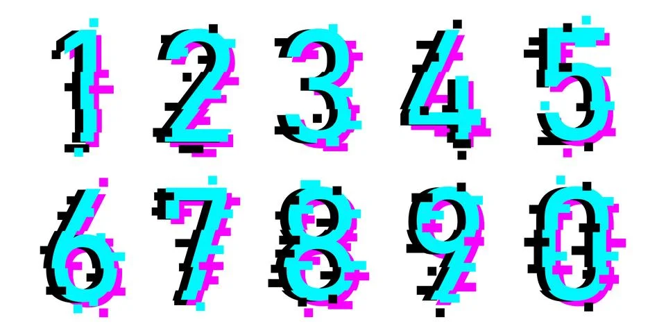 Numbers with glitch effect from 1 to 10. Glitch numbers with distorted effect  Stock Illustration