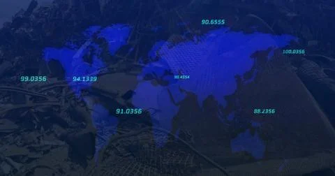 Numbers moving over world map against urban industrial site Ilustração Stock