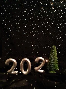 Numbers New Year 2021 with  green christmas tree. Stock Photos