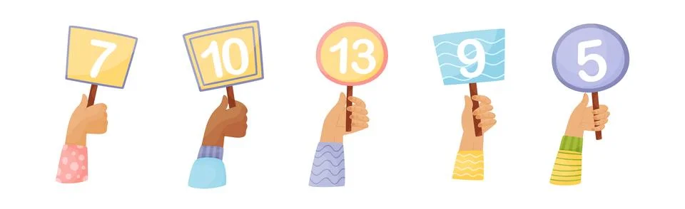 Numbers in Raised Up Hands as Numeric Scorecard for Judge Competition Vector Set Stock Illustration