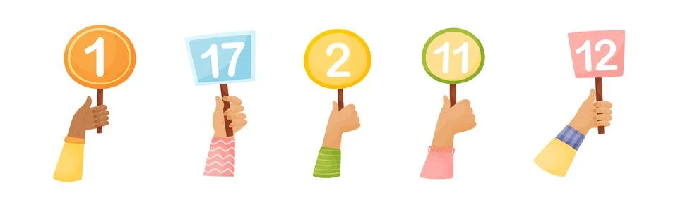 Numbers in Raised Up Hands as Numeric Scorecard for Judge Competition Vector Set Stock Illustration