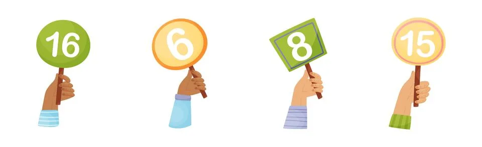 Numbers in Raised Up Hands as Numeric Scorecard for Judge Competition Vector Set Stock Illustration