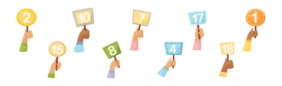 Numbers in Raised Up Hands as Numeric Scorecard for Judge Competition Vector Set Stock Illustration
