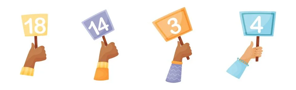 Numbers in Raised Up Hands as Numeric Scorecard for Judge Competition Vector Set Stock Illustration