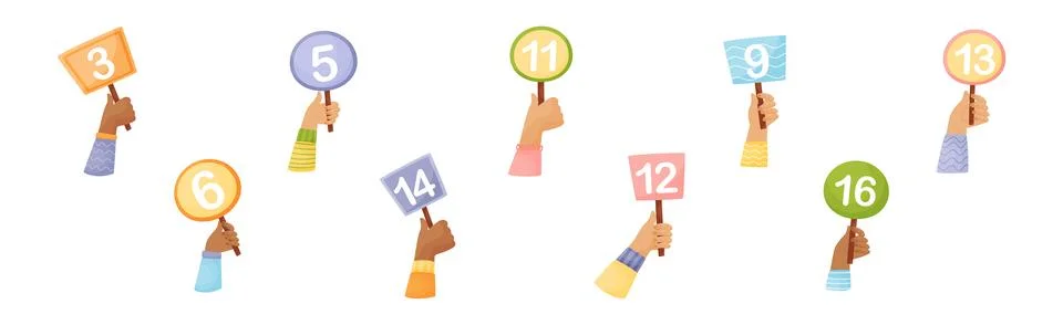 Numbers in Raised Up Hands as Numeric Scorecard for Judge Competition Vector Set Stock Illustration